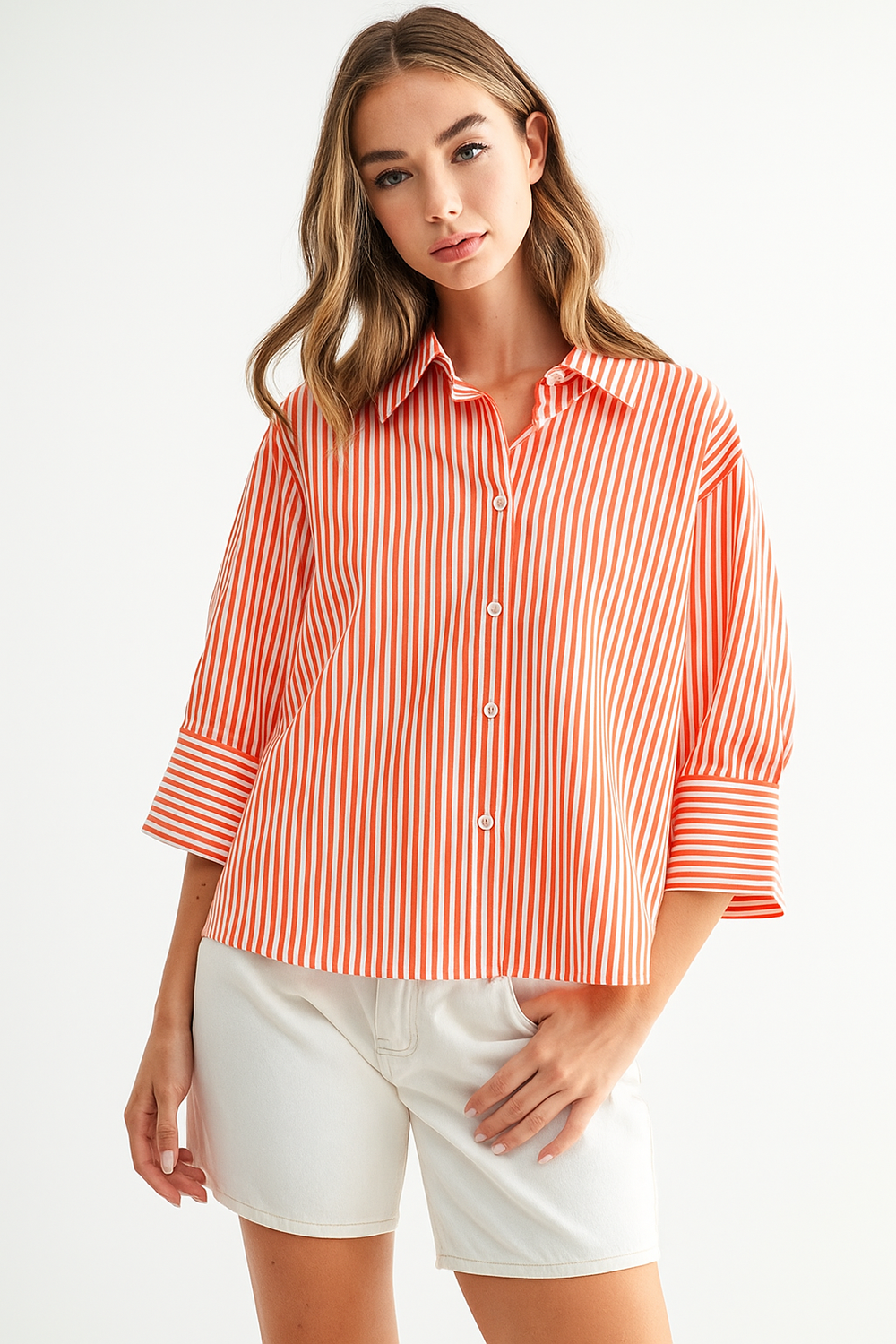 Janice Orange Stripe Button Front Top
