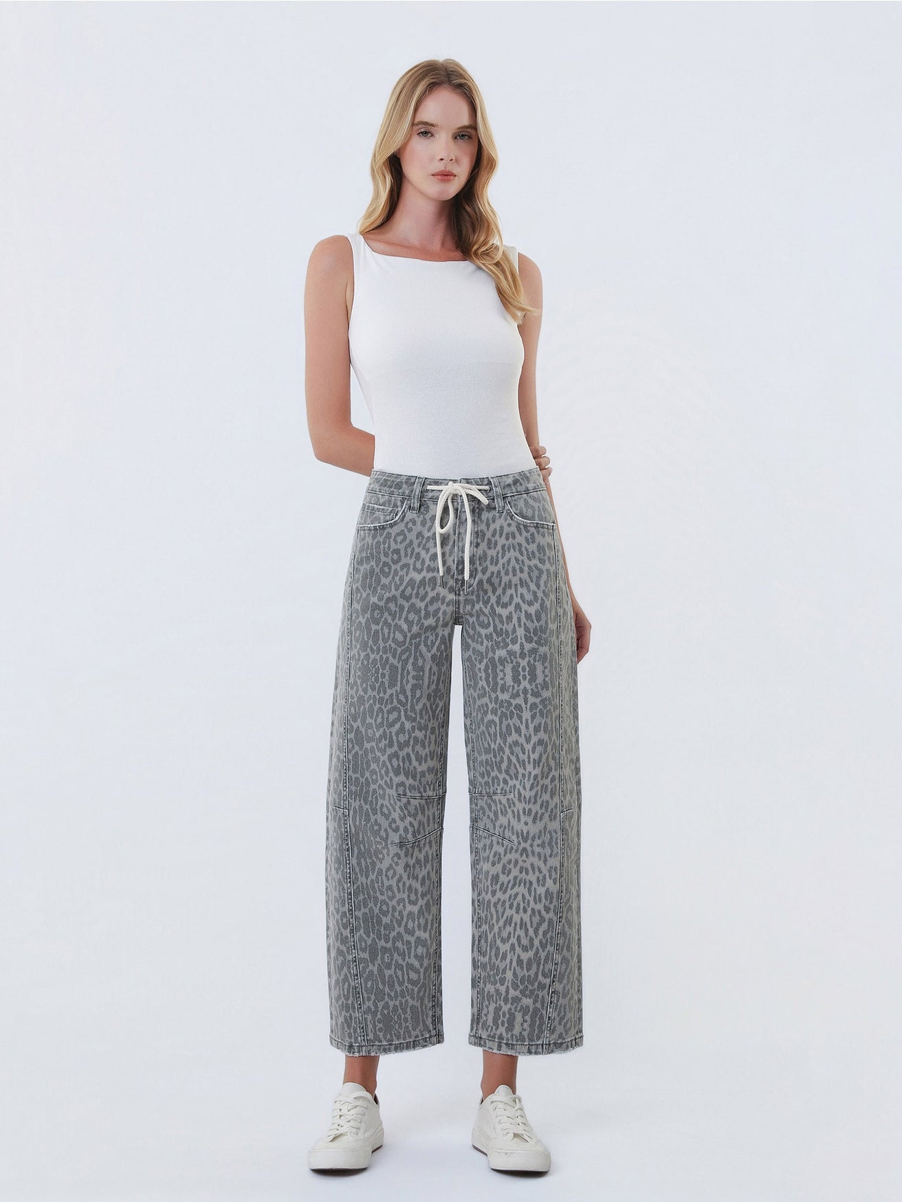Leopard Print Barrel Drawstring Jean