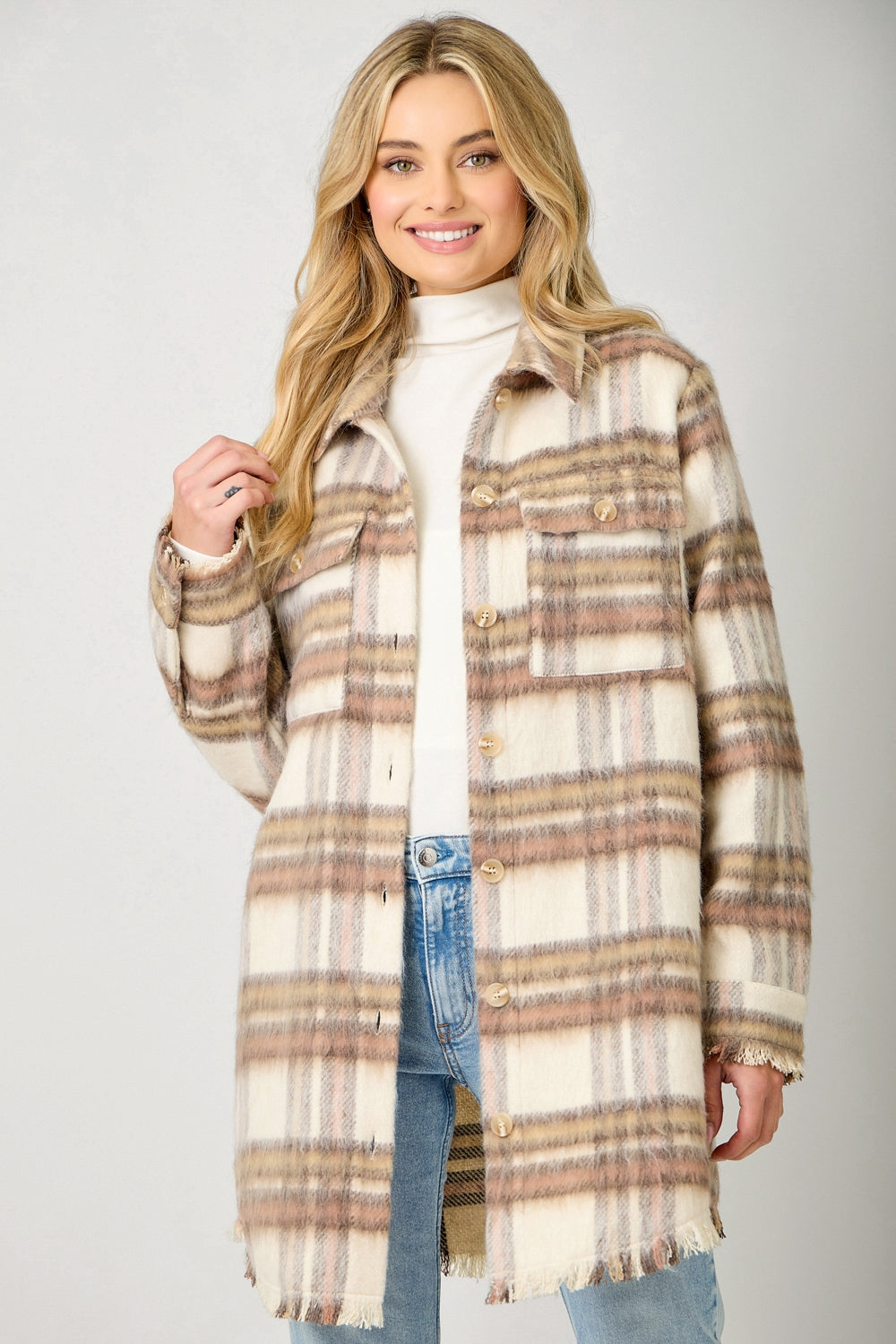 Fringe Detail Plaid Shacket