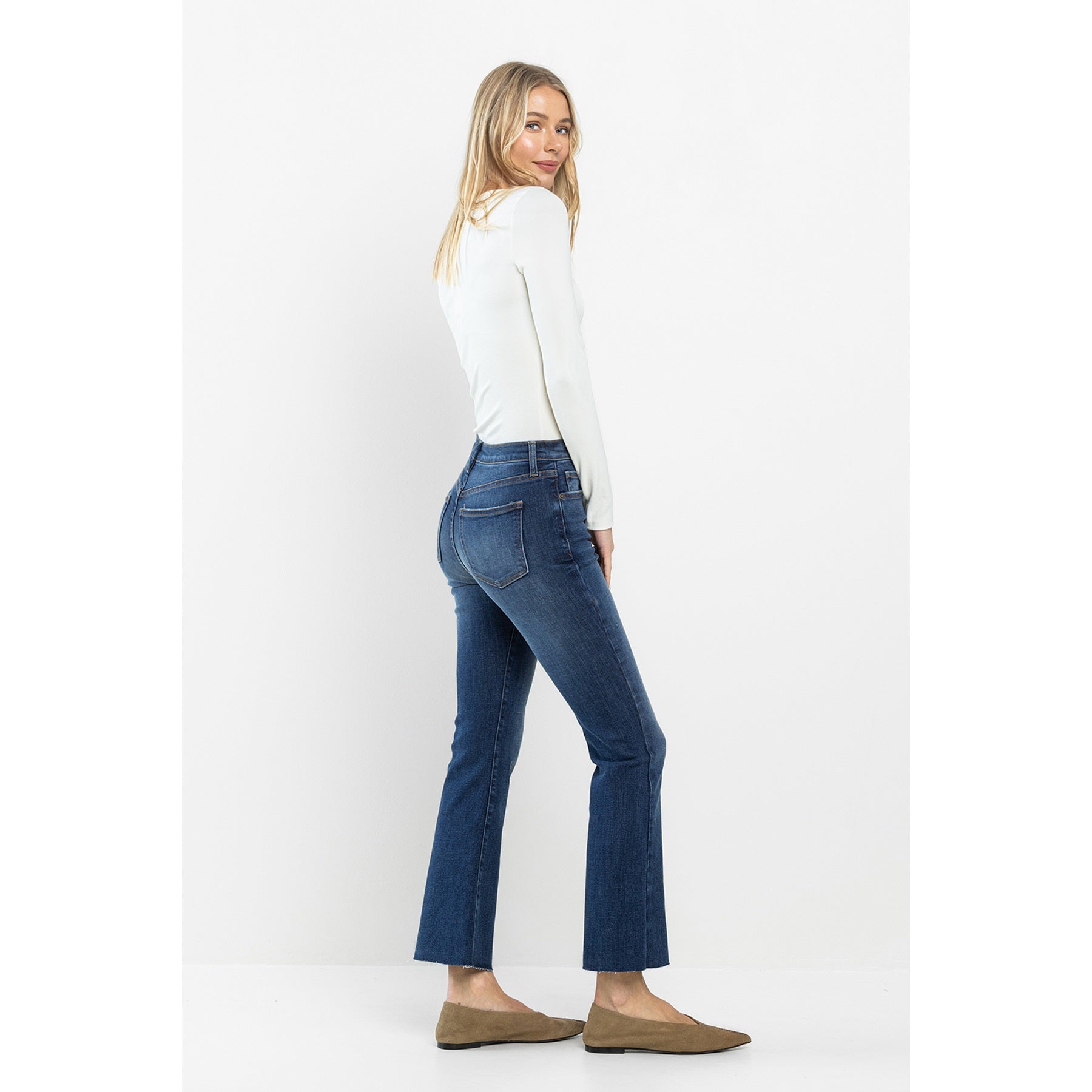 High Rise Button Front Flare Denim