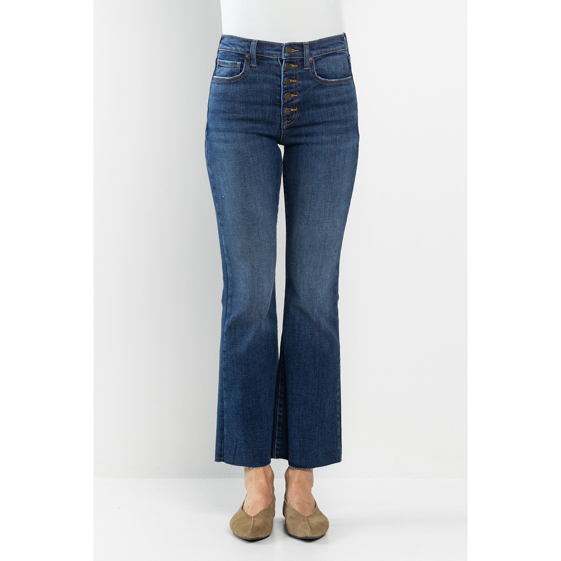 High Rise Button Front Flare Denim