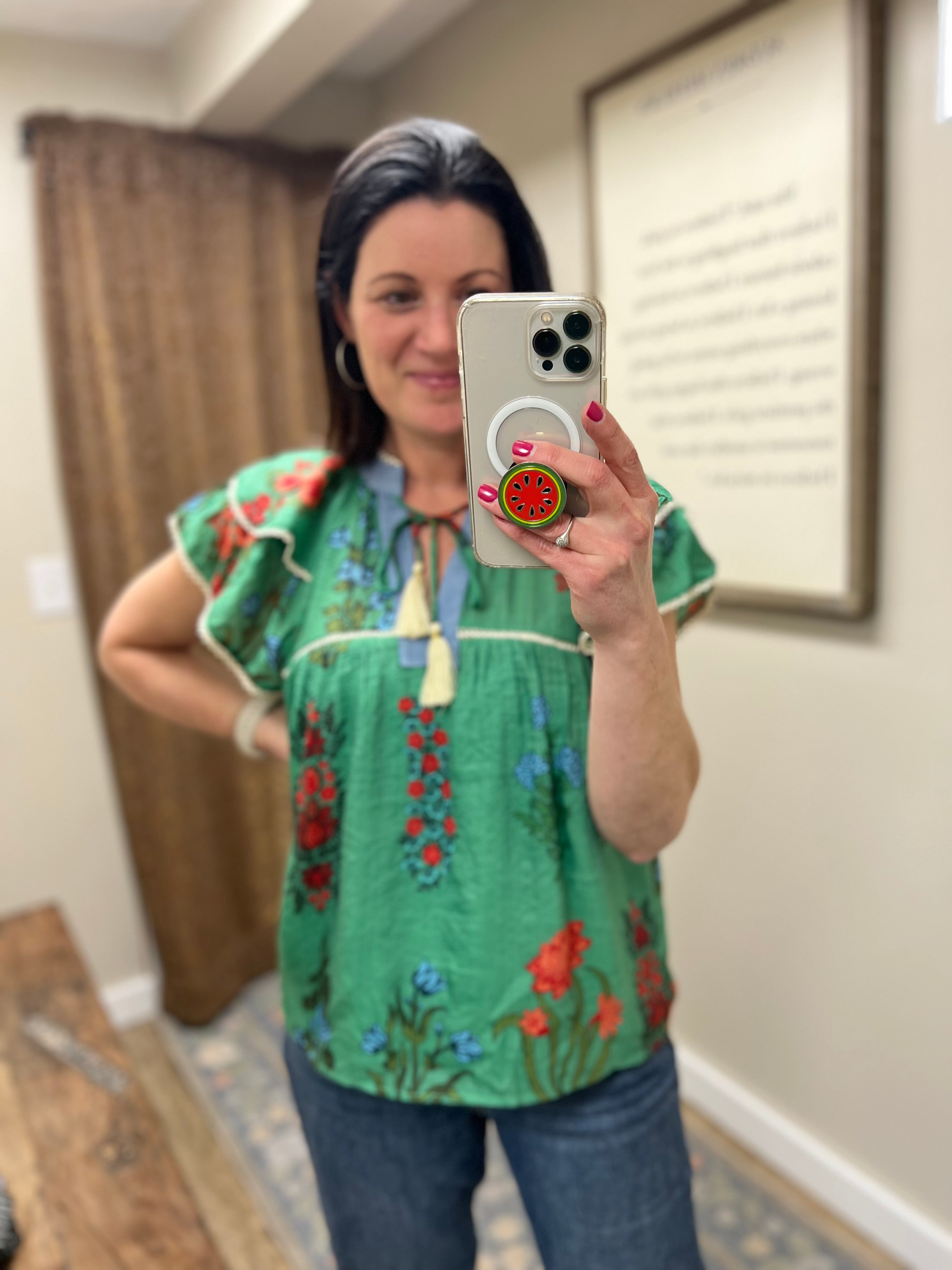 Green Floral Flutter Sleeve Top by THML