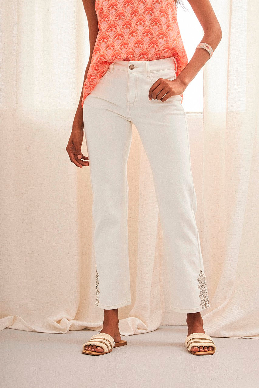 Rhinestone Hem Jeans in White