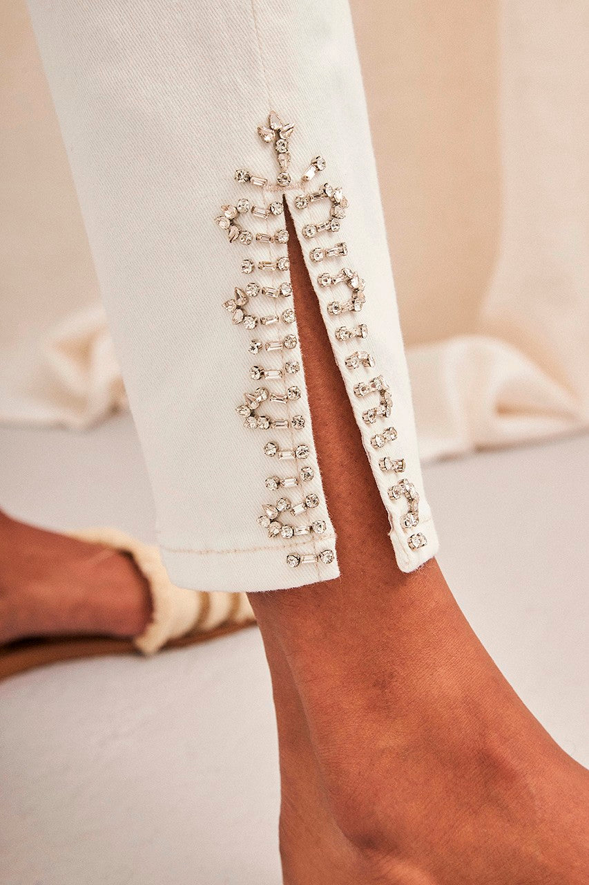 Rhinestone Hem Jeans in White