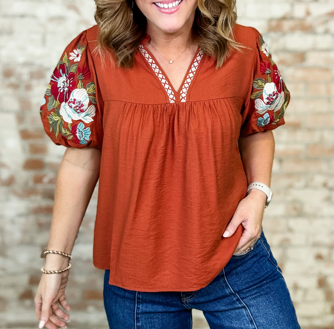 The Tessa Top – Rust Embroidered Puff Sleeve by THML