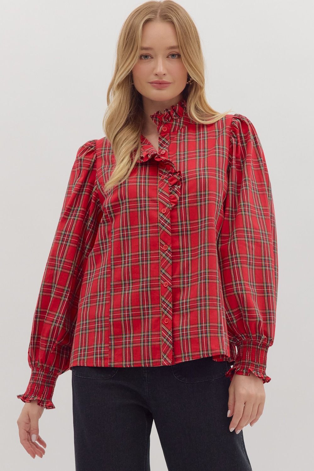 Tartan Long Sleeve Ruffle Blouse