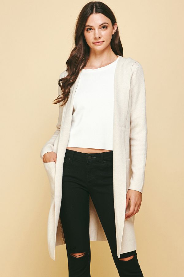 Hooded Long Open Front Cardigan