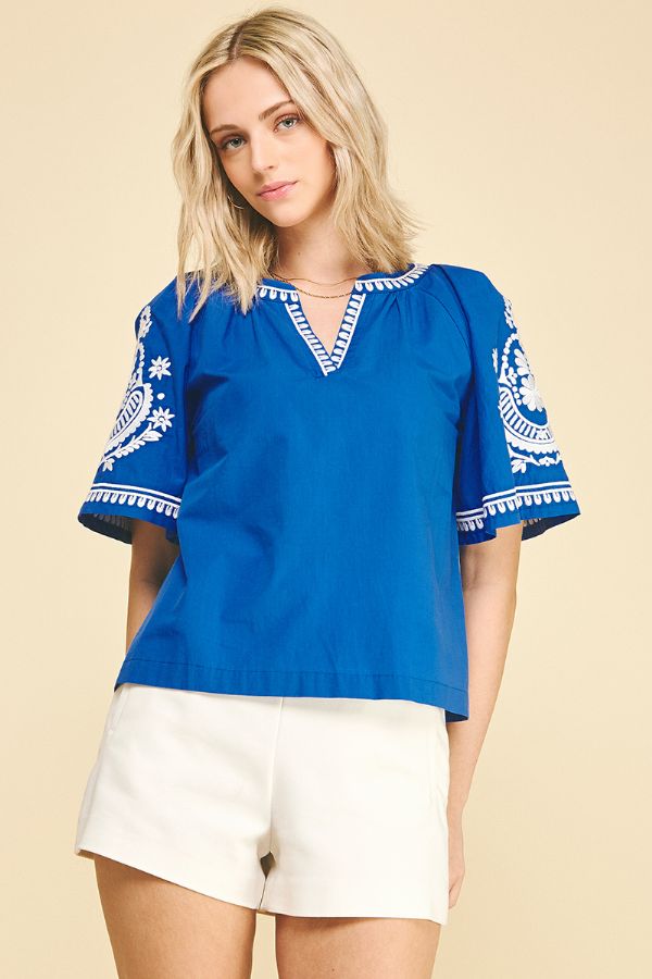 Royal Blue Boho Embroidered Blouse