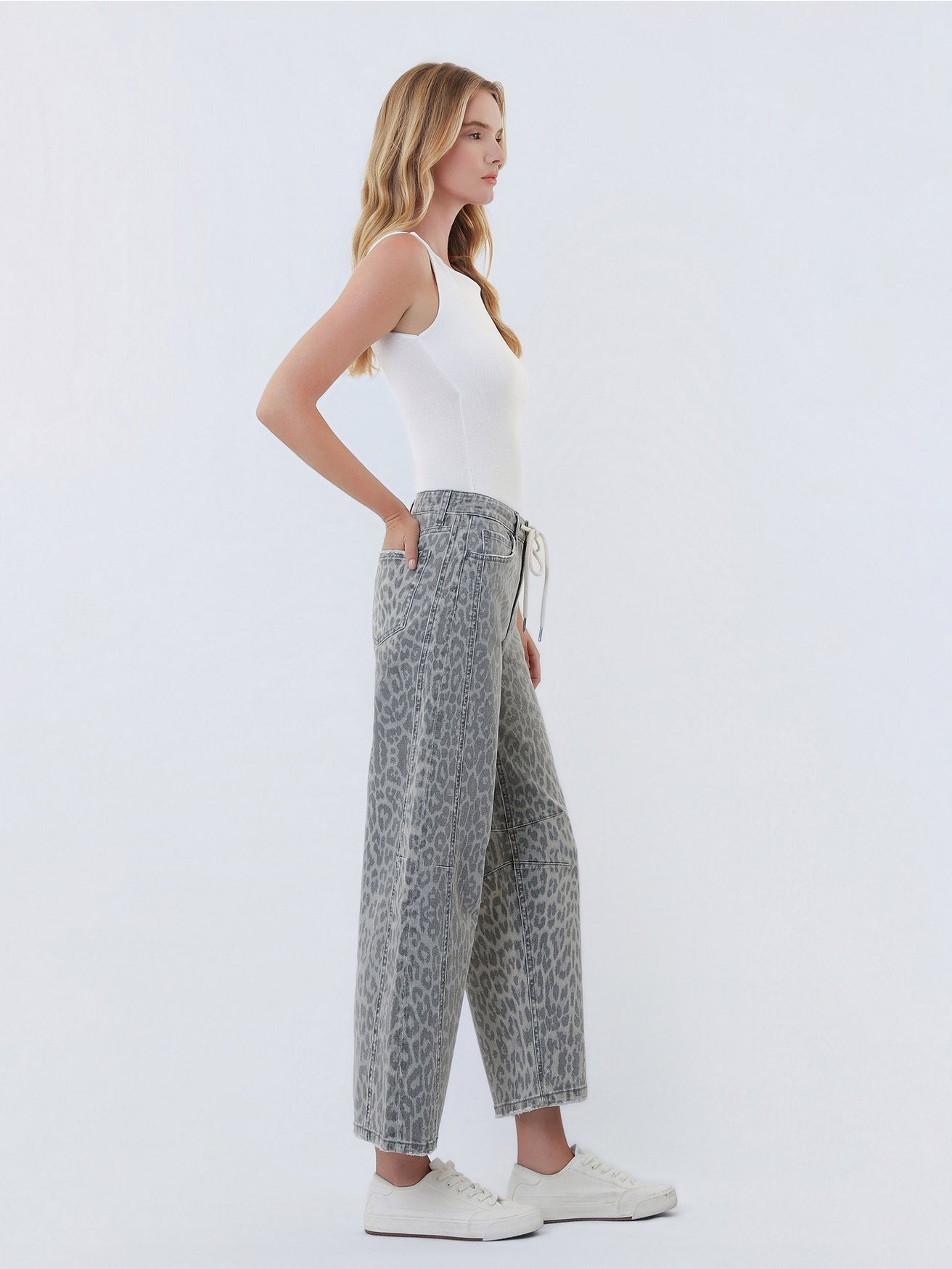 Leopard Print Barrel Drawstring Jean
