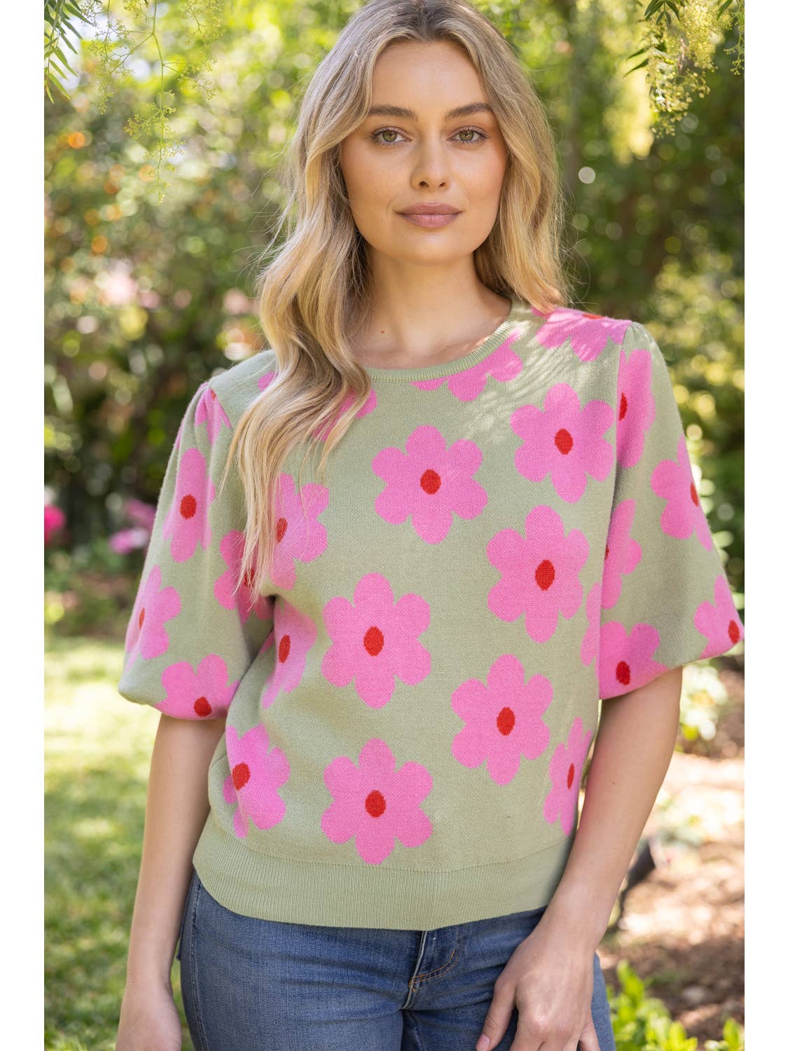 Sassy Floral Puff Sleeve Sweater