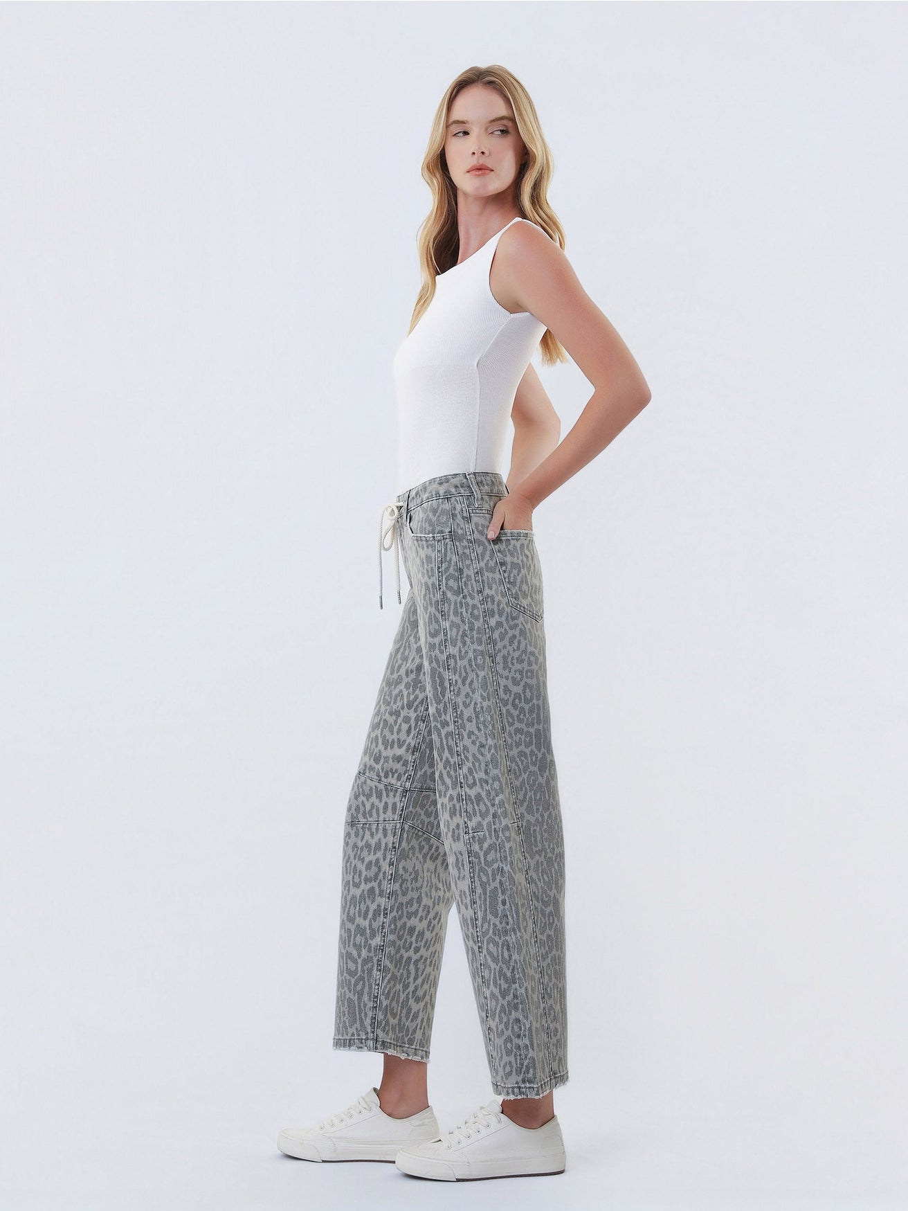 Leopard Print Barrel Drawstring Jean