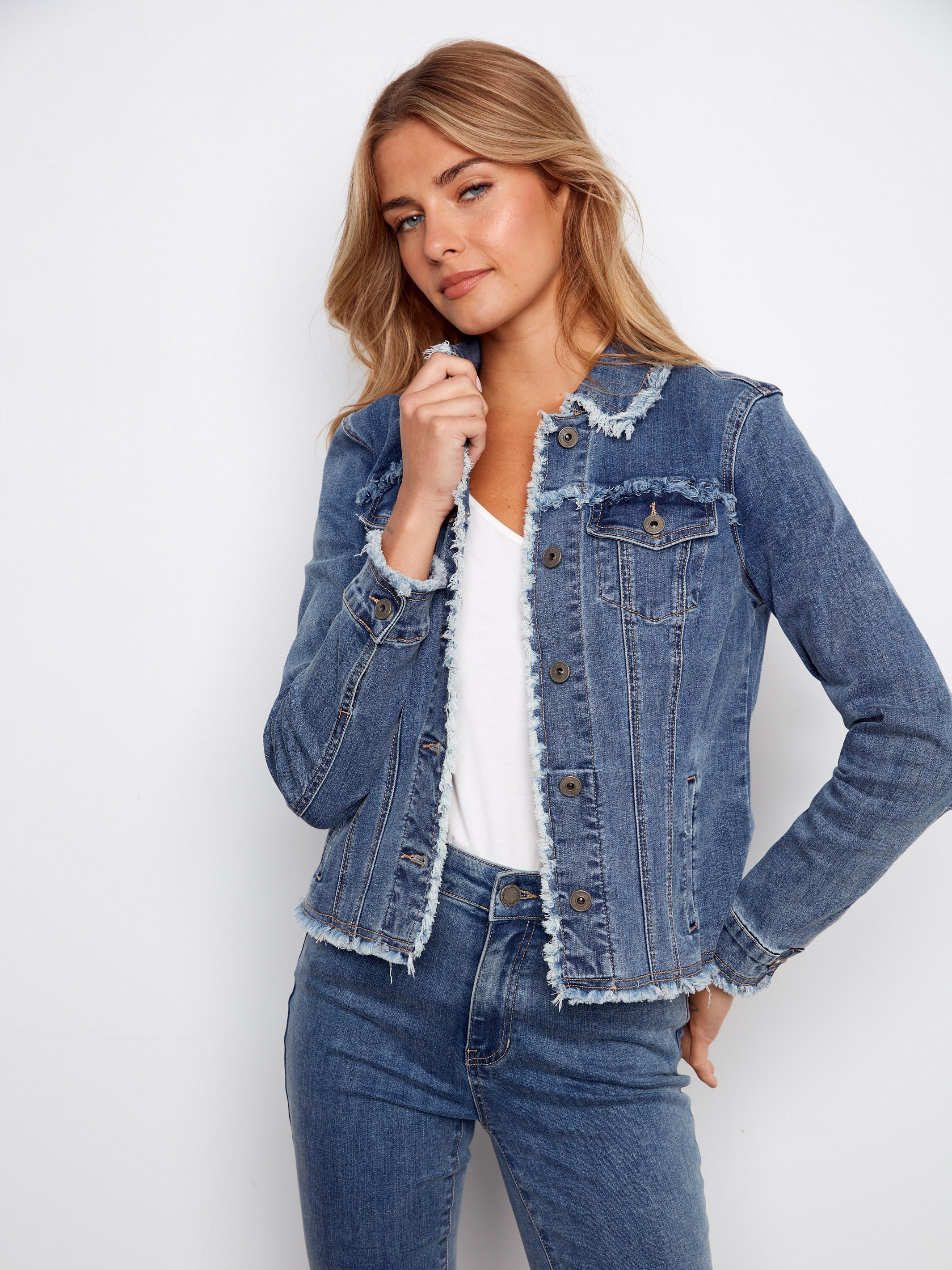 Fringe Hem Stretch Denim Jacket