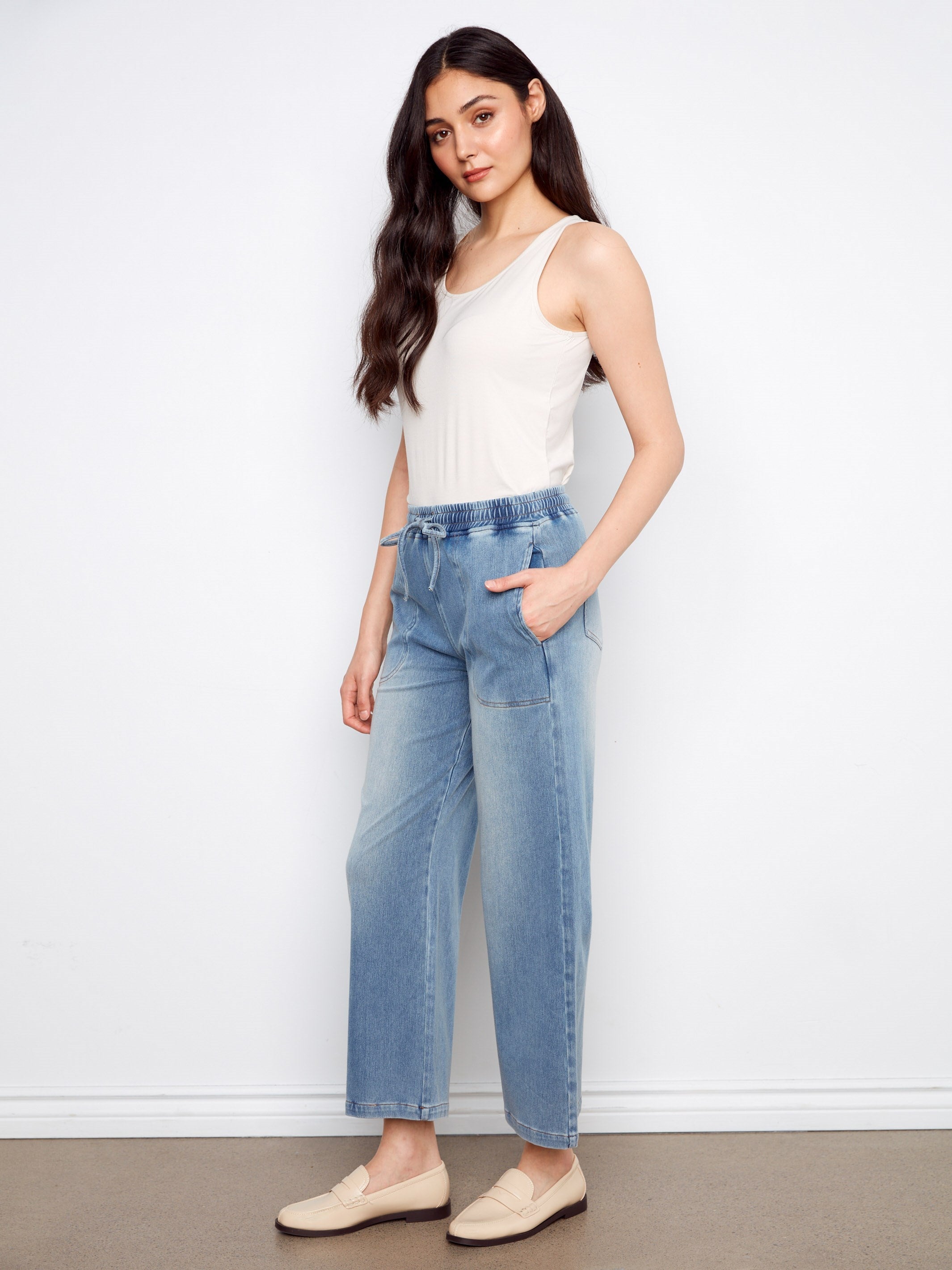 Knit Denim Wide Leg Bottoms