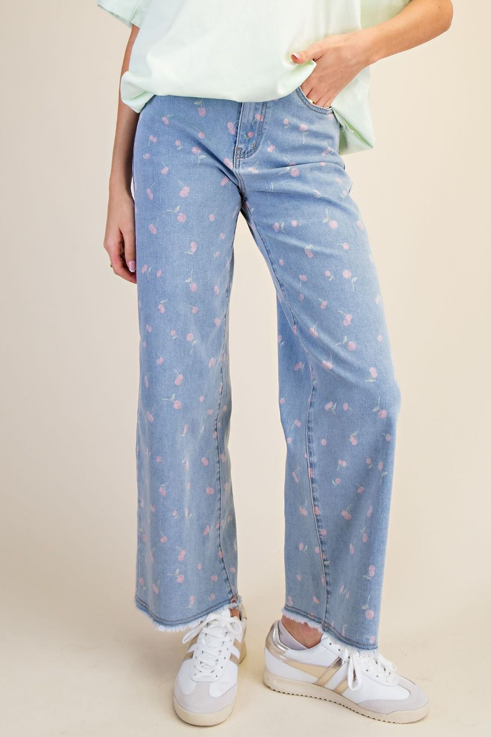 Wide Leg Cherry Print Denim