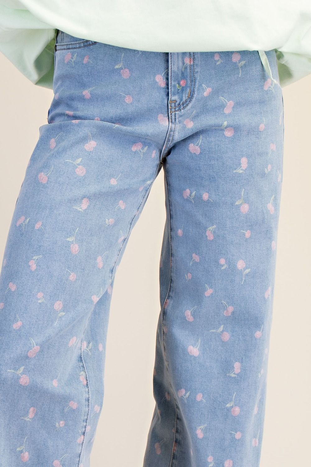 Wide Leg Cherry Print Denim