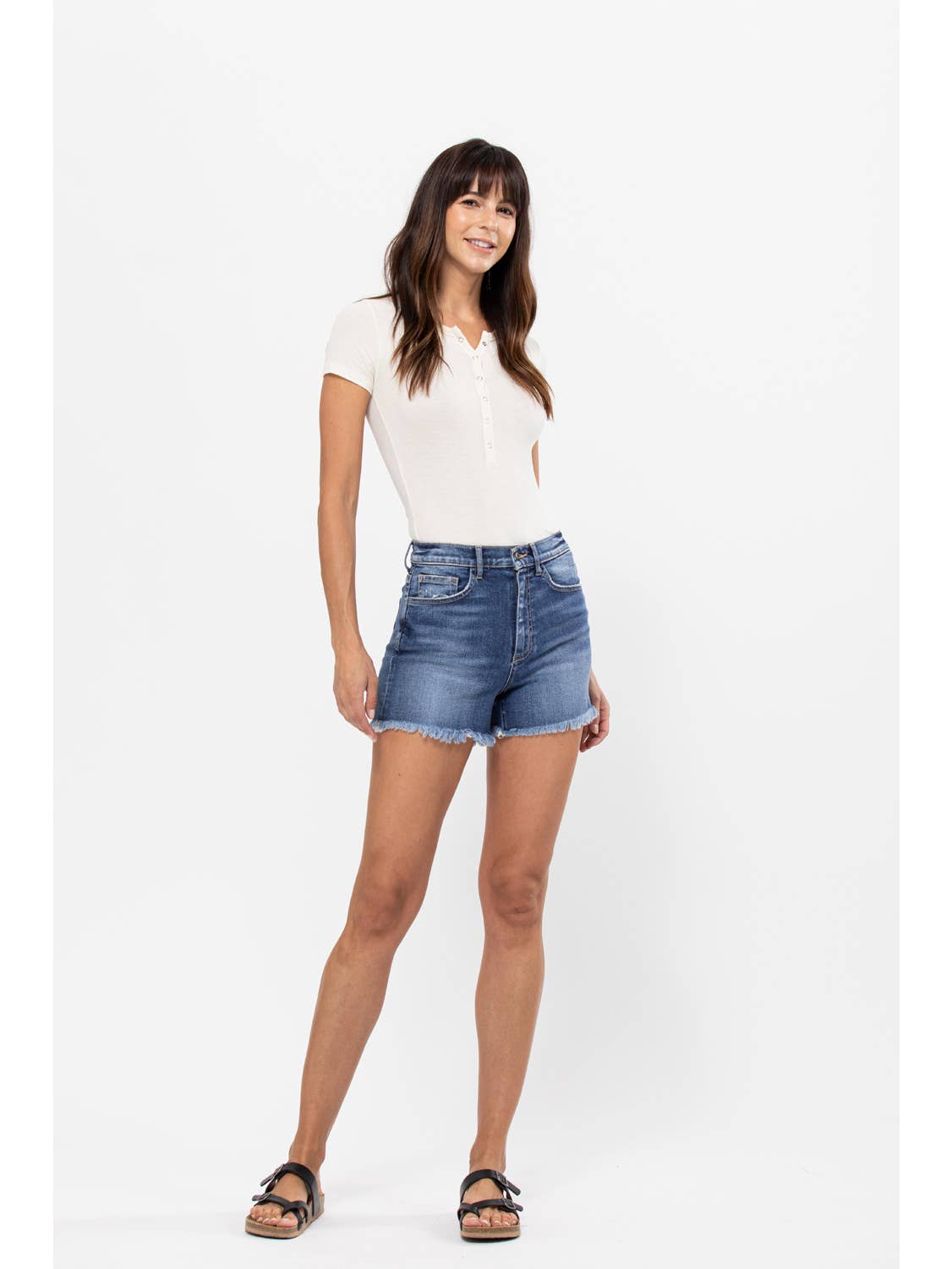 High Rise Denim Shorts with Fray Hem