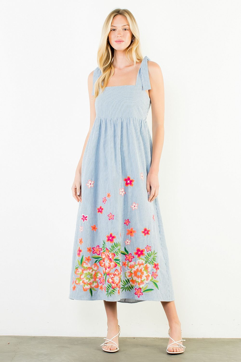 THML Floral Border Stripe Midi Dress — Blue White Medium