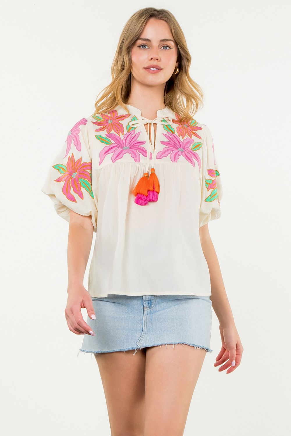 Flower Embroidered Tassel Tie Top
