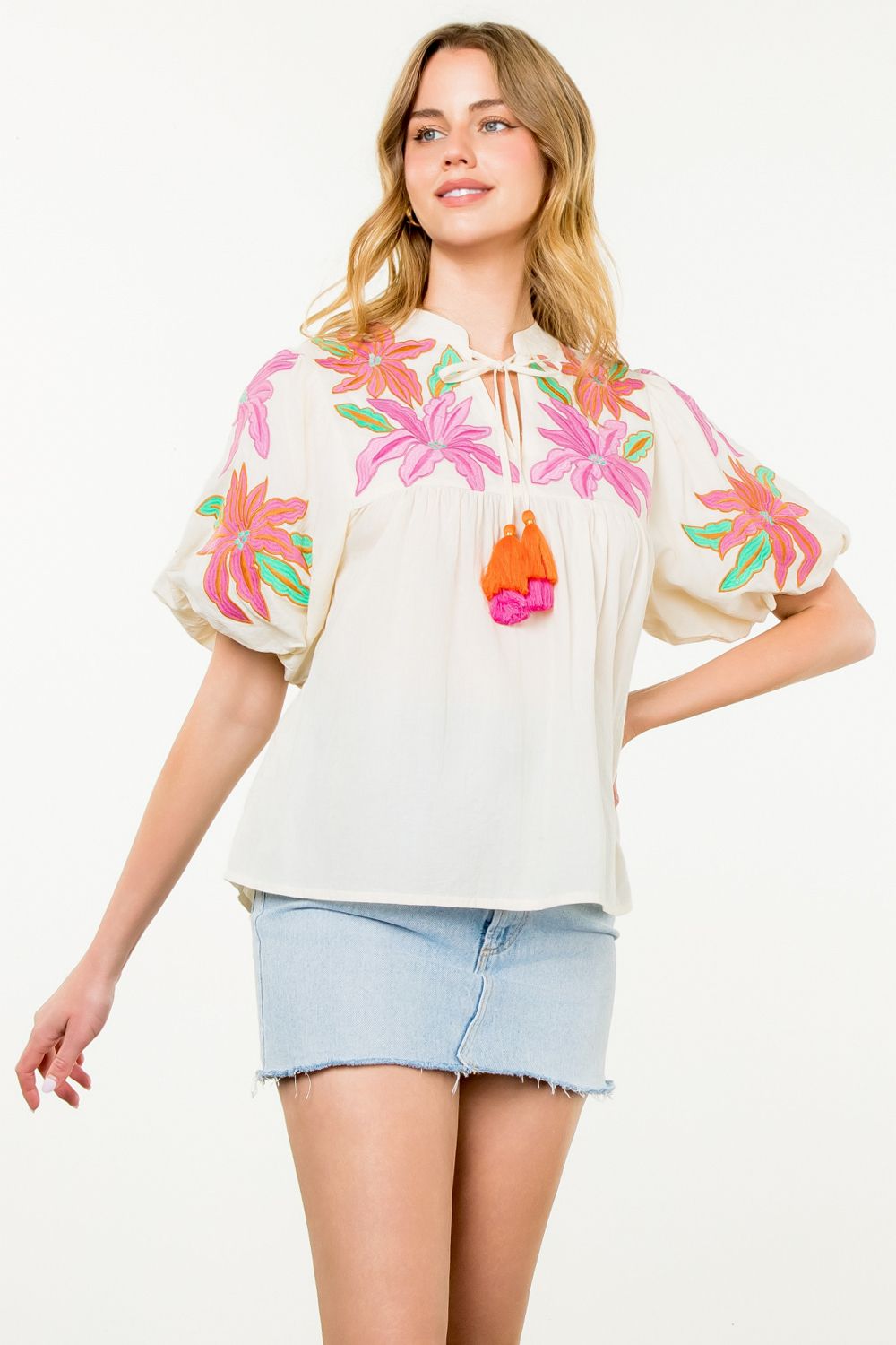 Flower Embroidered Tassel Tie Top