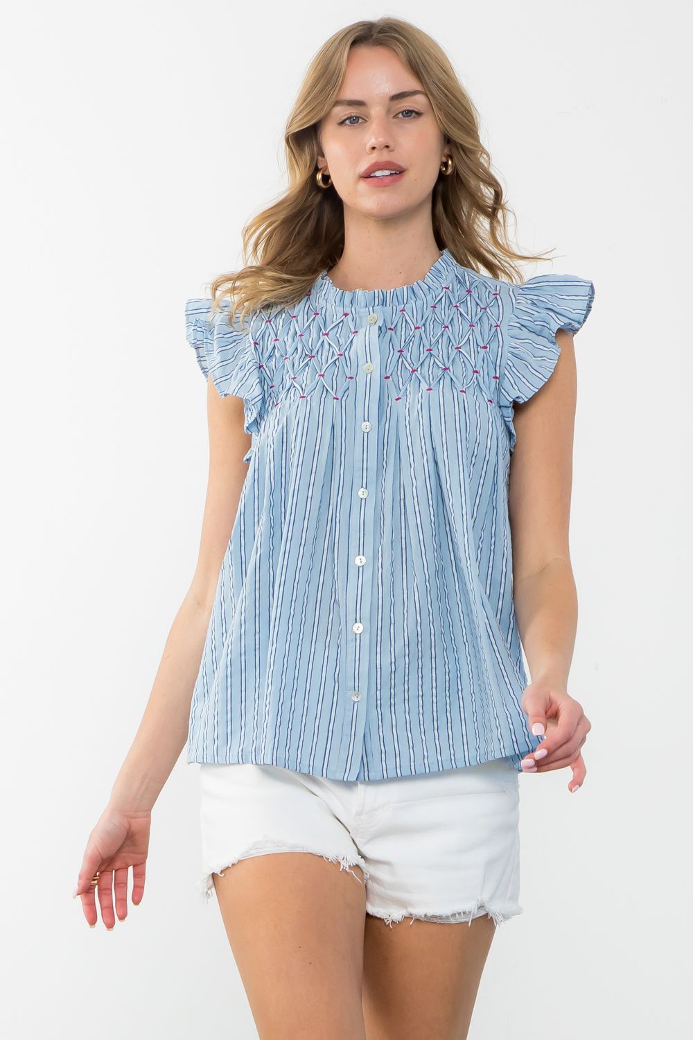 Smocked Flutter Sleeve Top by THML