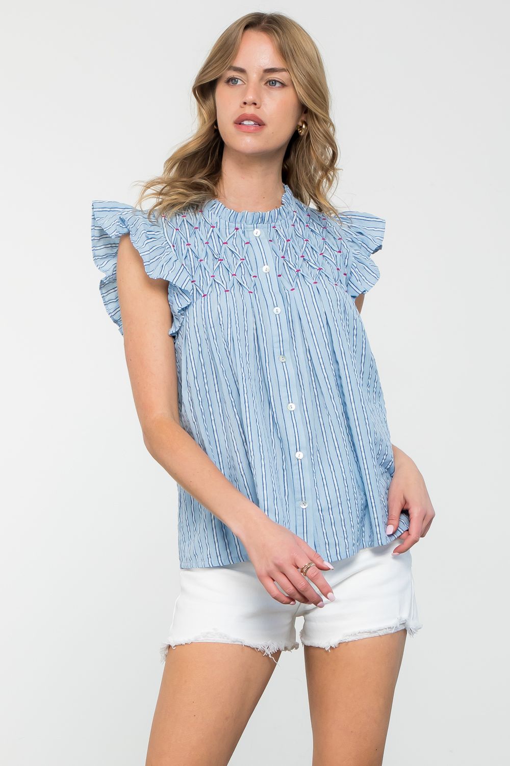 Smocked Flutter Sleeve Top by THML