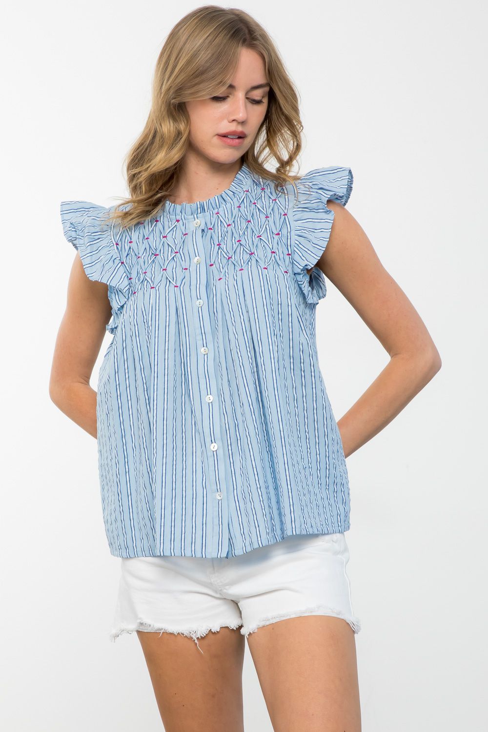 Smocked Flutter Sleeve Top by THML