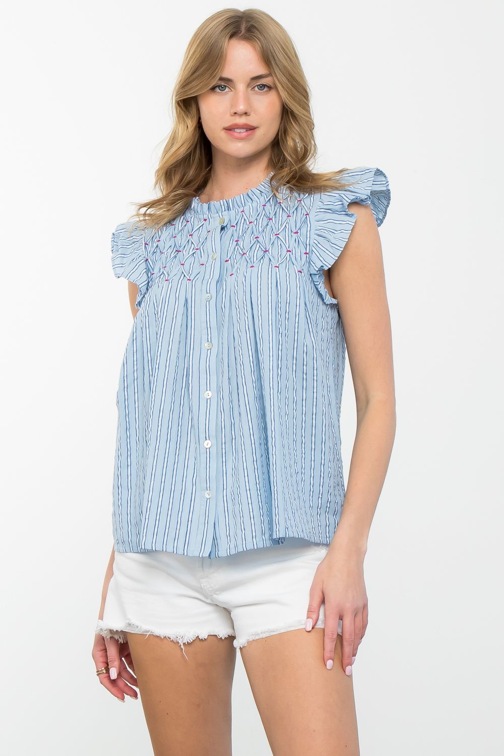 Smocked Flutter Sleeve Top by THML