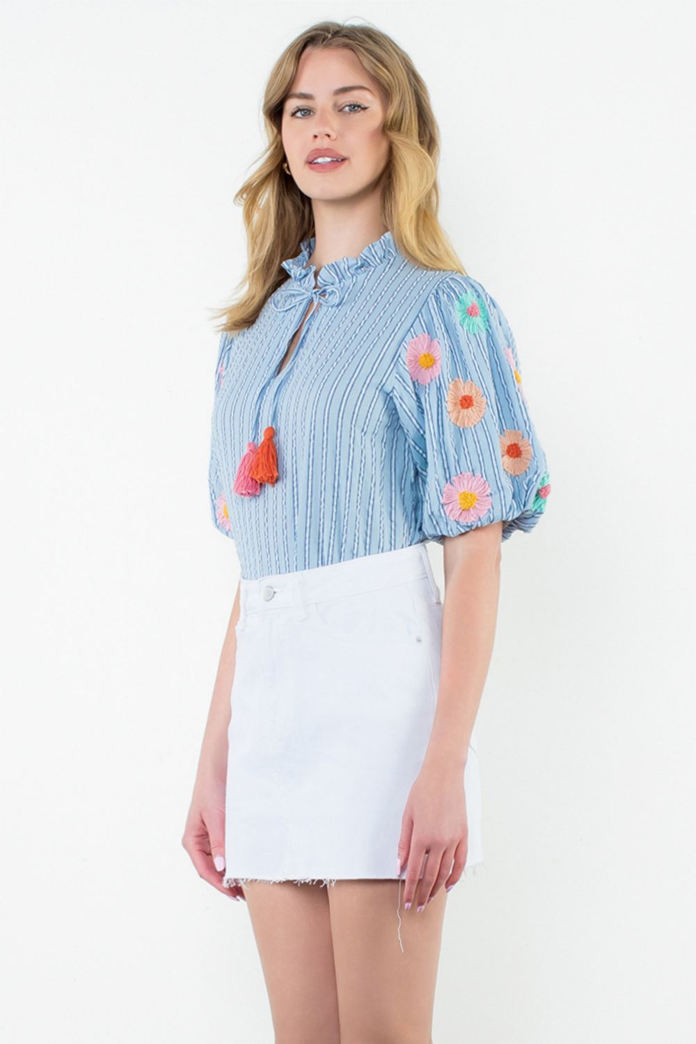 Hand Embroidered Puff Sleeve Top