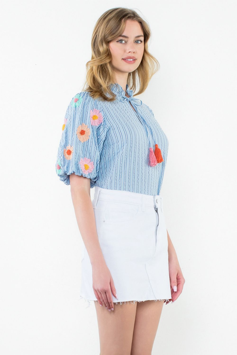 Hand Embroidered Puff Sleeve Top