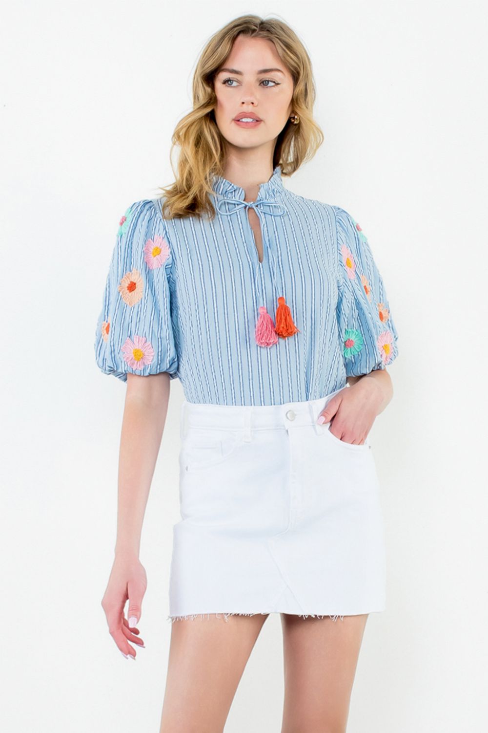 Hand Embroidered Puff Sleeve Top