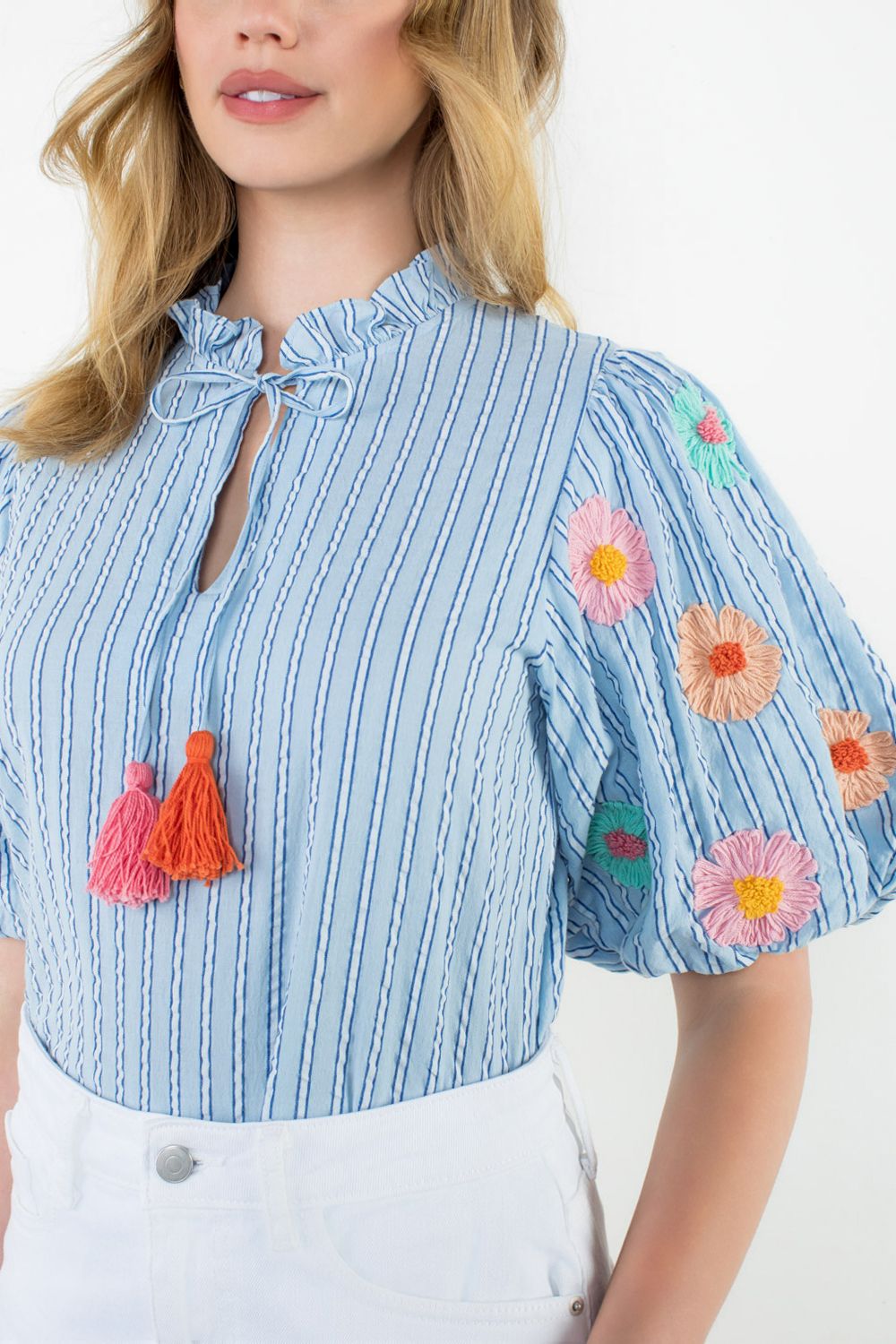 Hand Embroidered Puff Sleeve Top