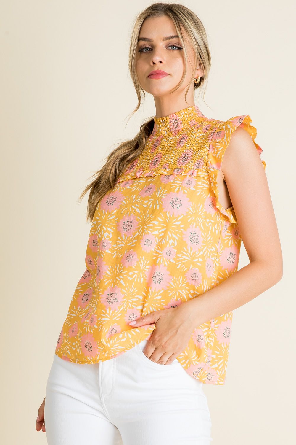 Floral Print Smocked Top by THML