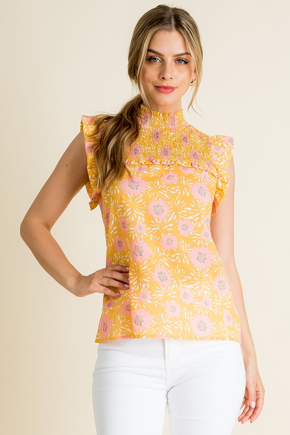 Floral Print Smocked Top by THML