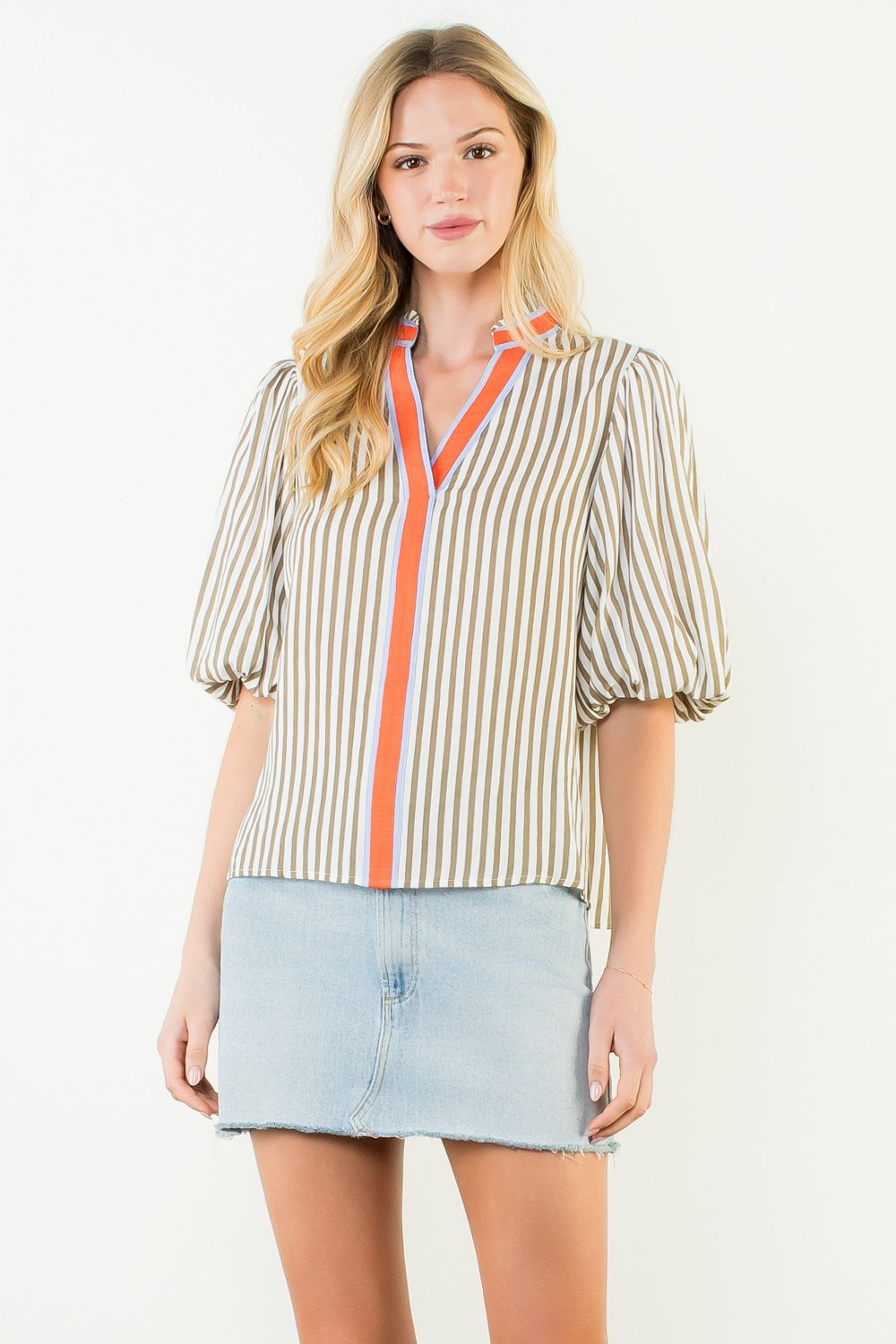 Erin Striped Puff Sleeve Blouse by THML