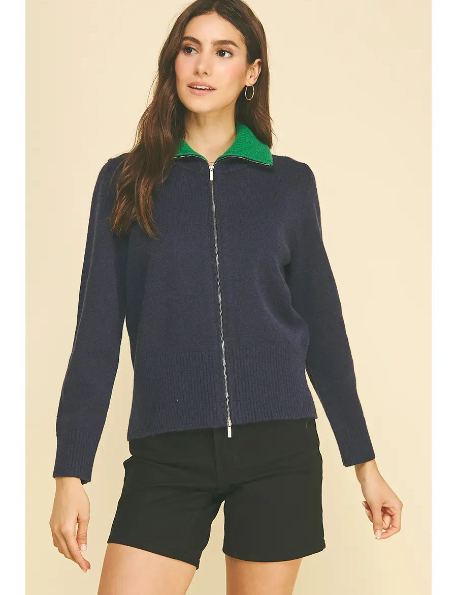 Green Accent Zip Front Cardigan