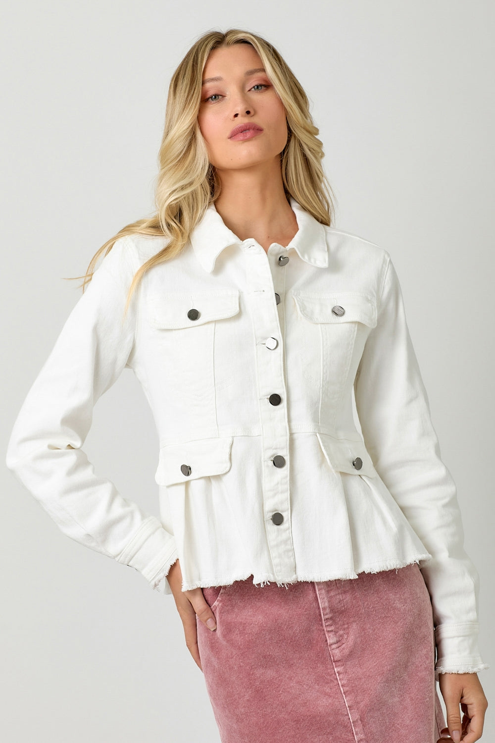 White Peplum Style Denim Jacket