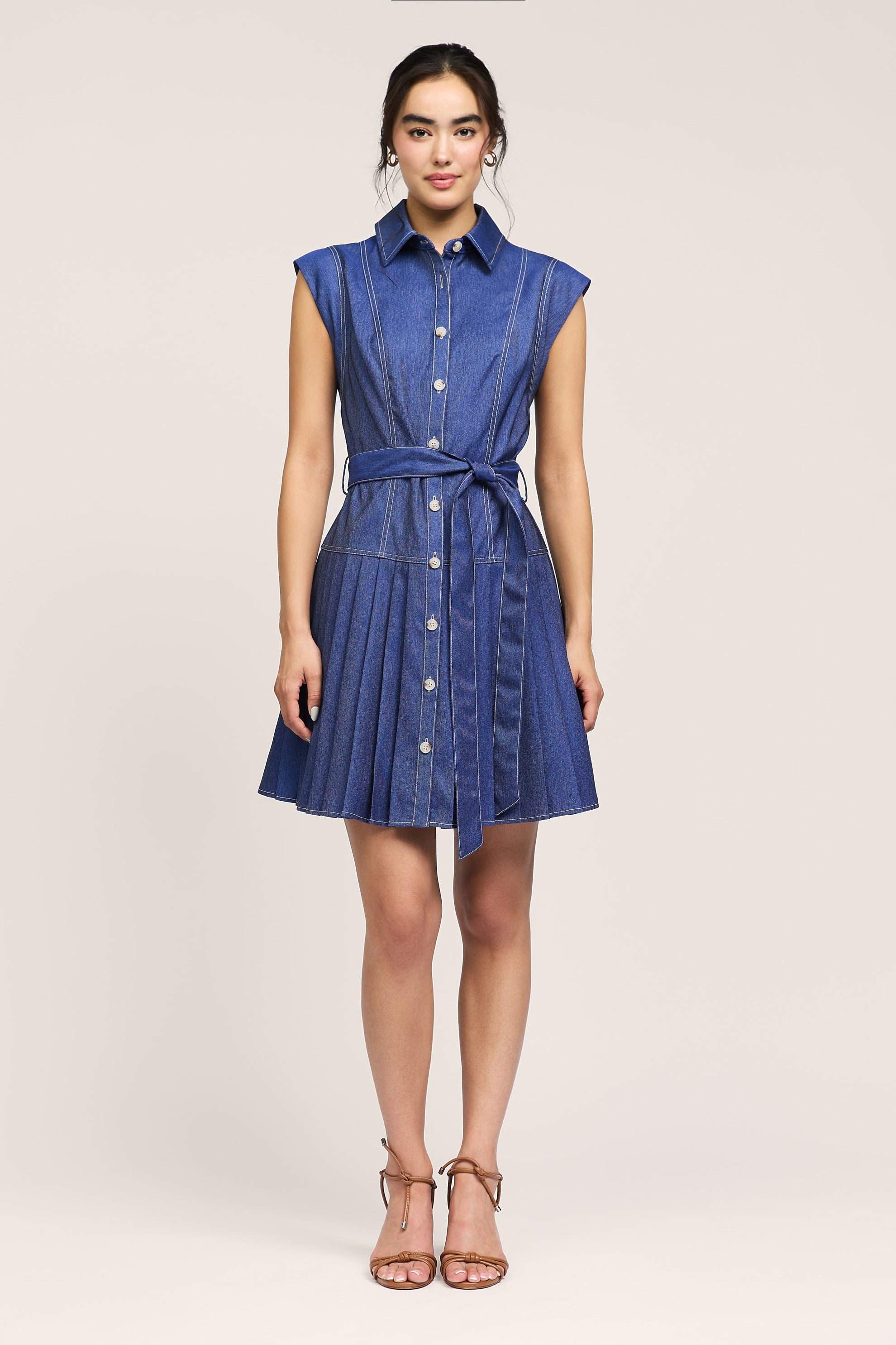 Pleated Denim Short Sleeve Dress