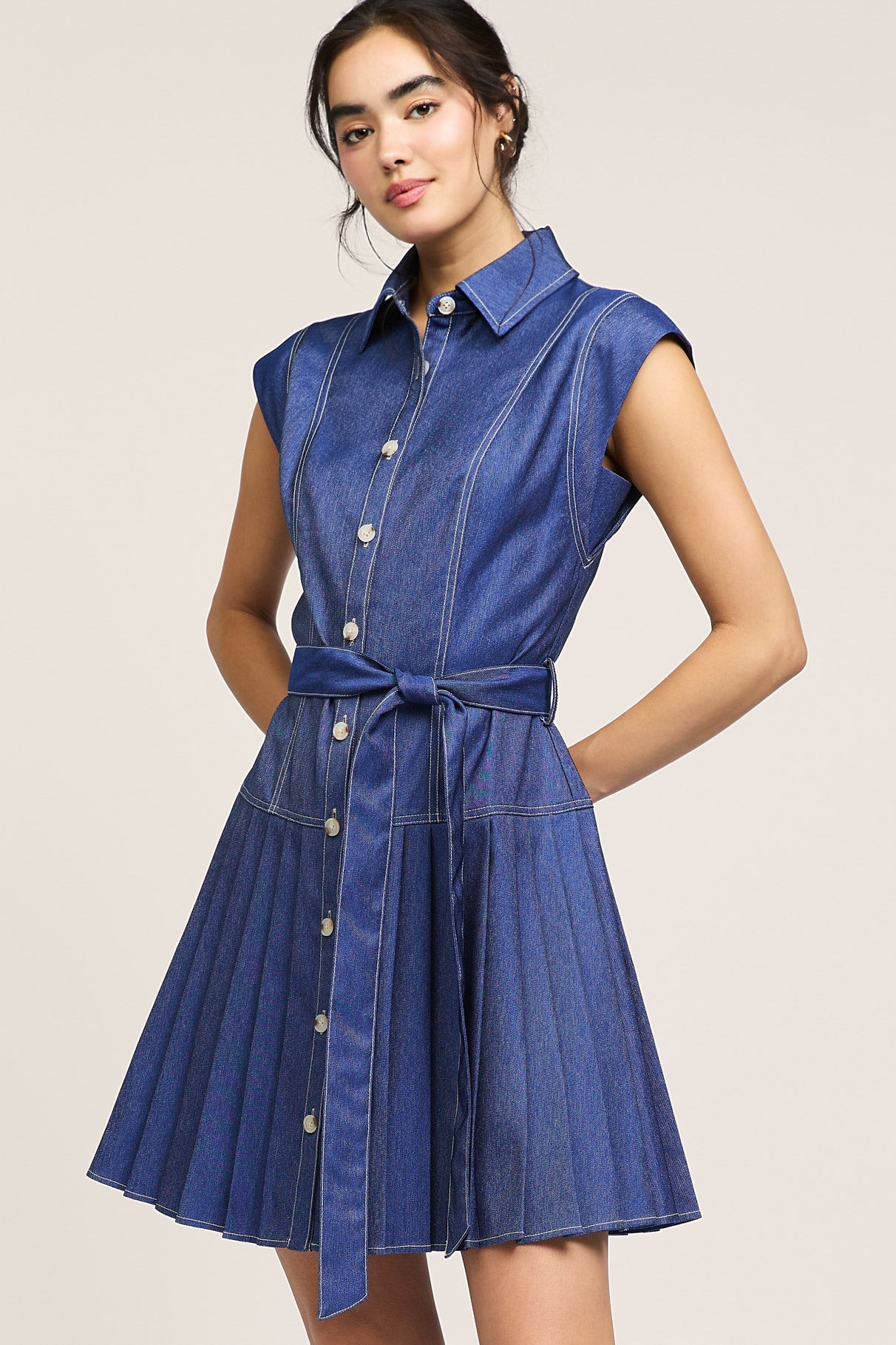 Pleated Denim Short Sleeve Dress