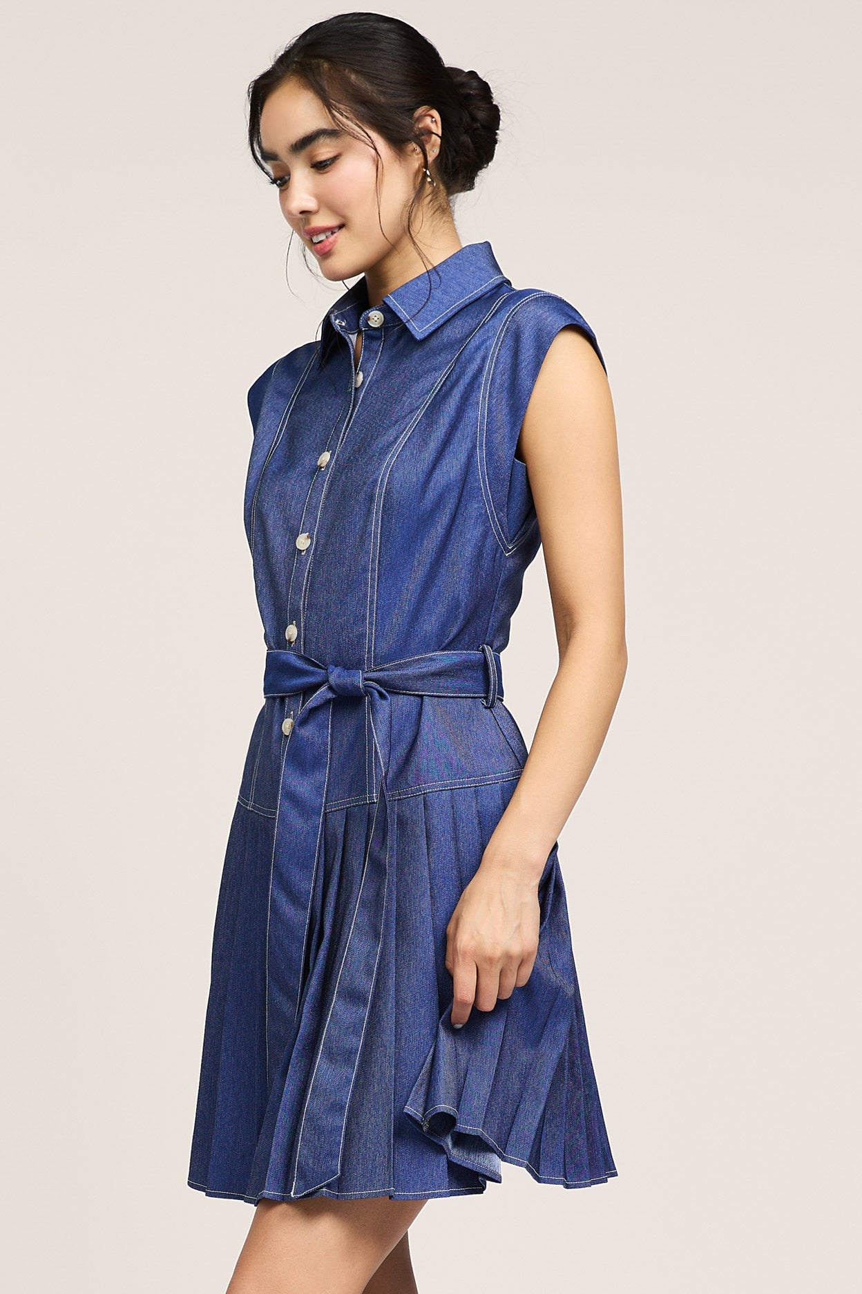 Pleated Denim Short Sleeve Dress