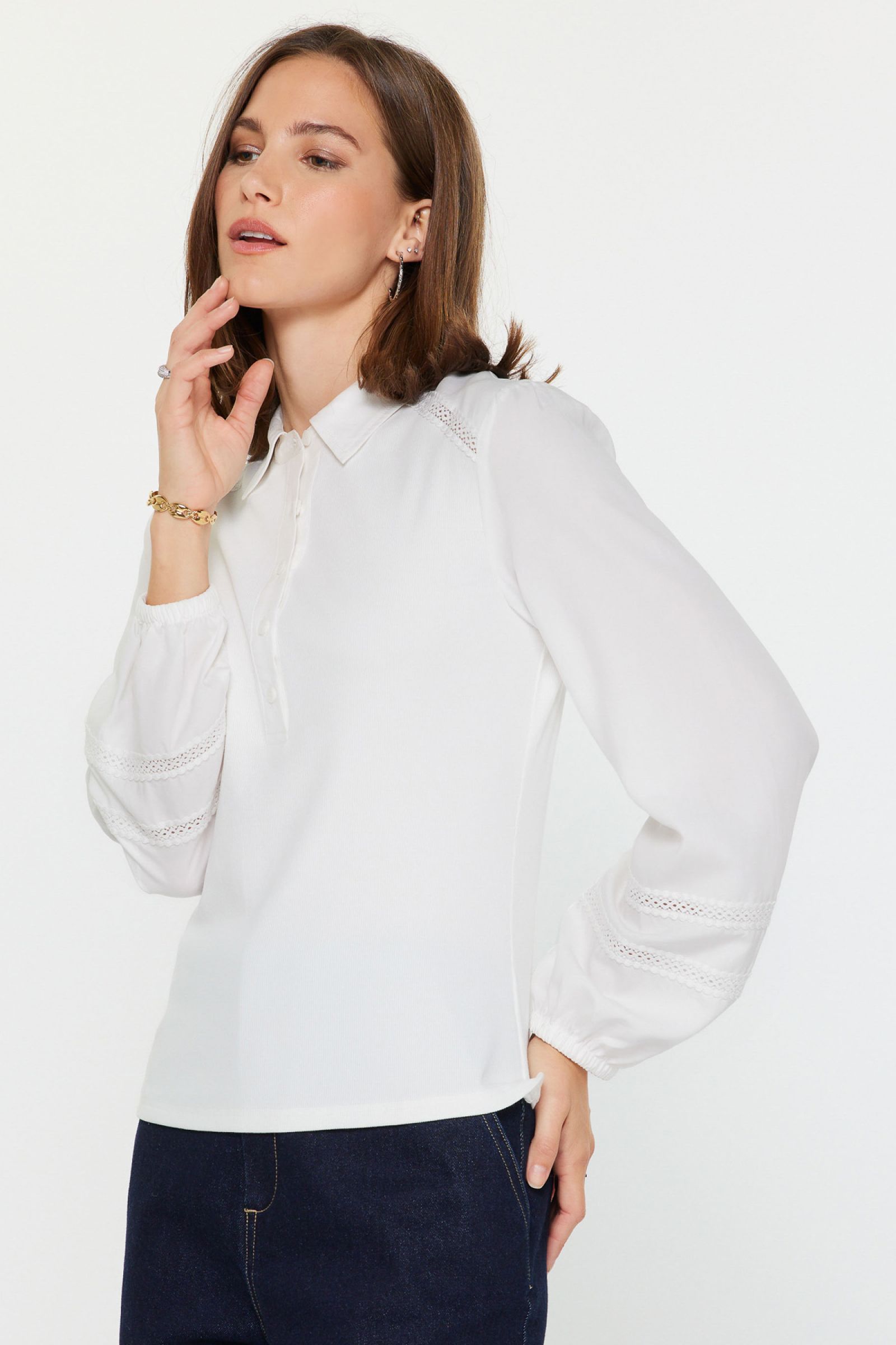 Long Sleeve Lace Trim Blouse