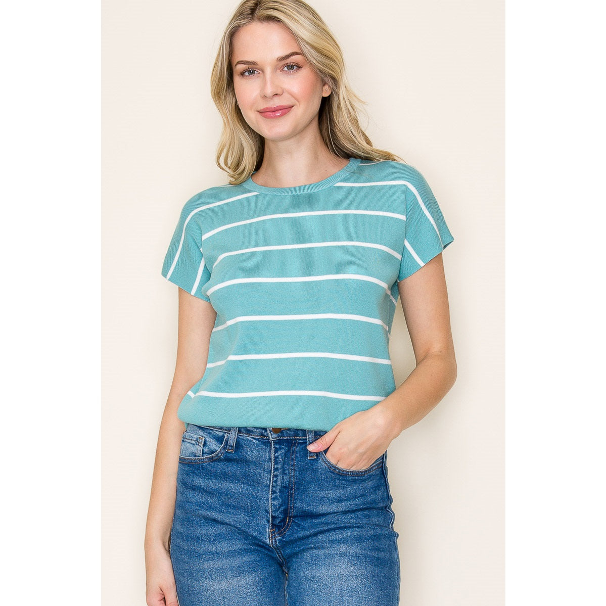 Short Sleeve Striped Crew Sweater