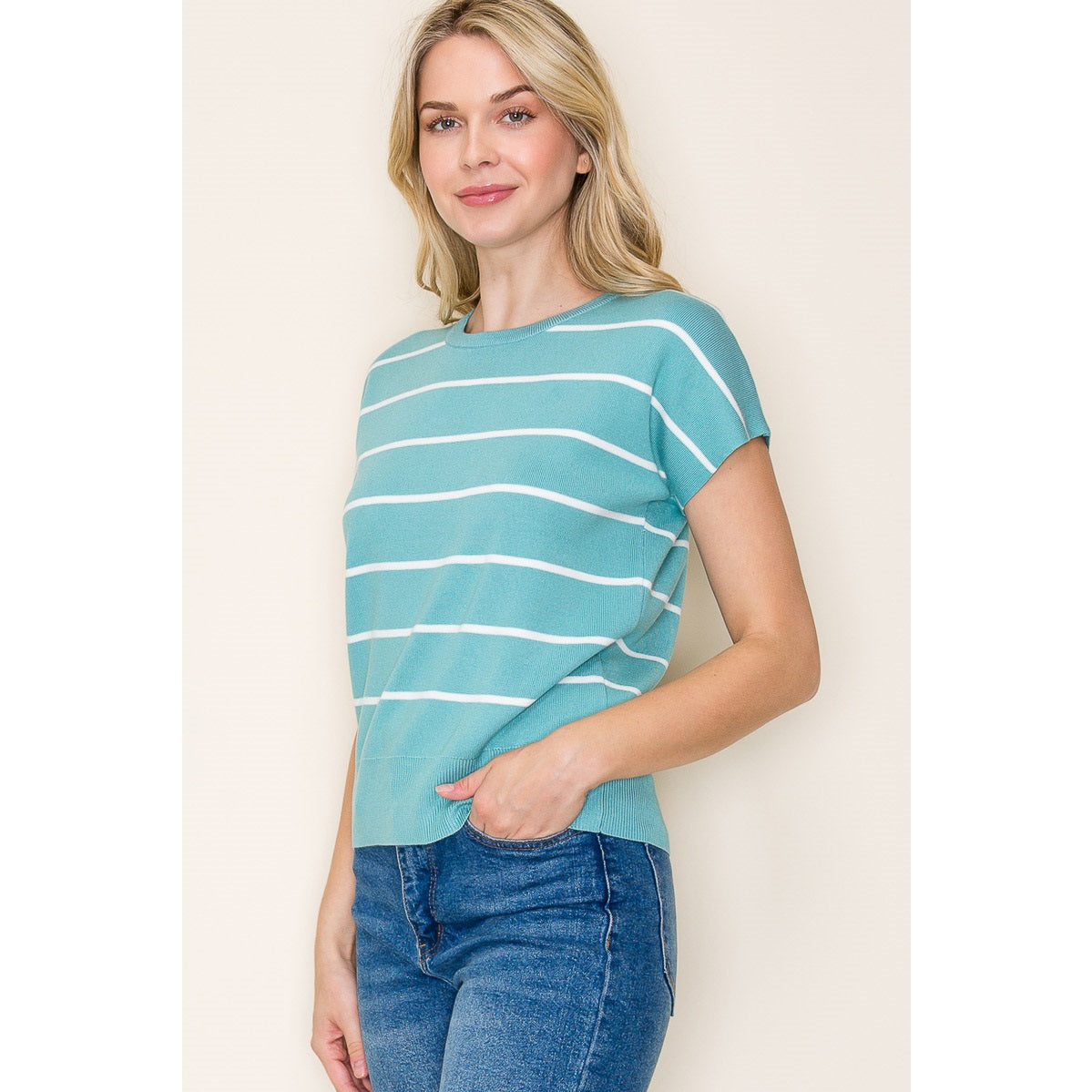 Short Sleeve Striped Crew Sweater