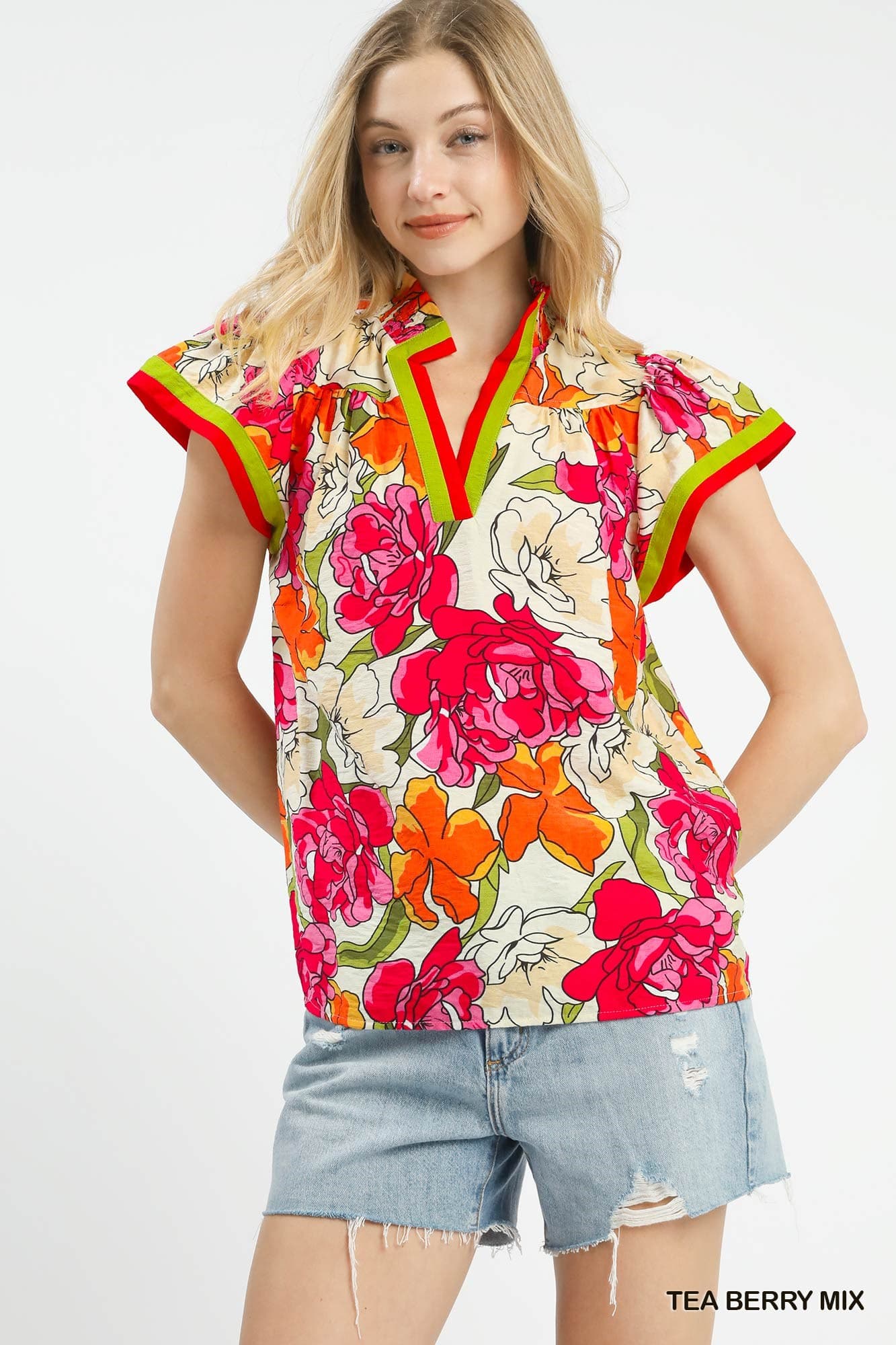 Red Rose Flutter Sleeve Top