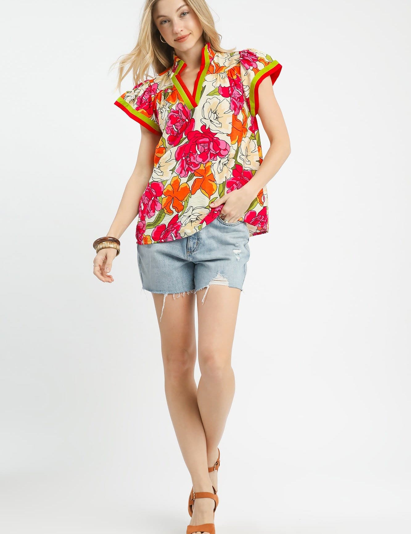 Red Rose Flutter Sleeve Top
