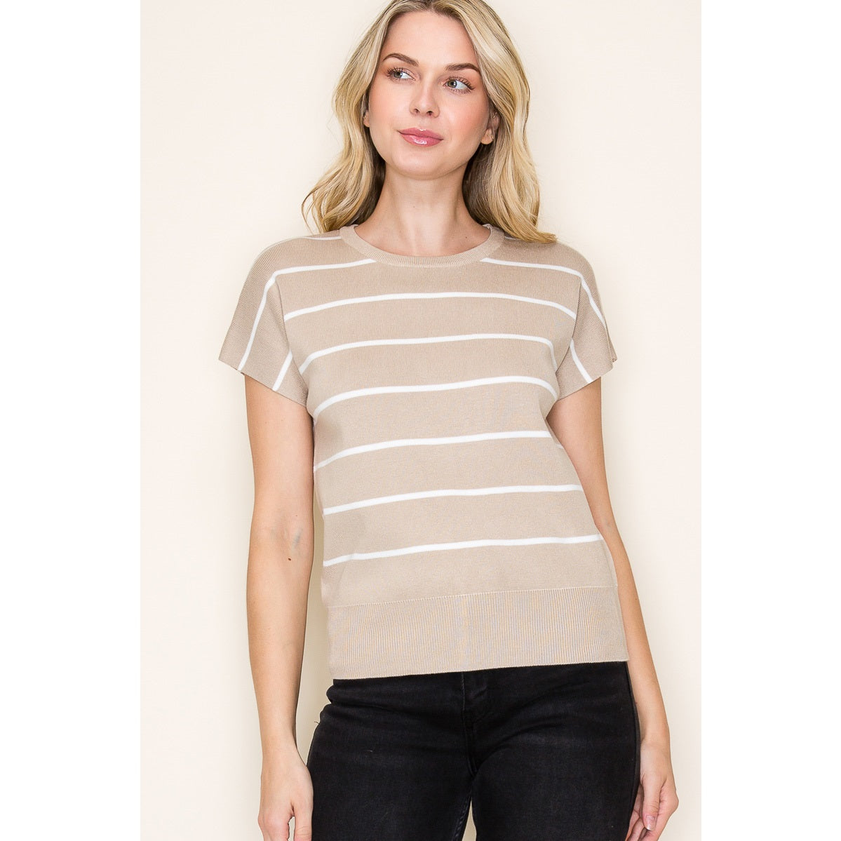 Short Sleeve Striped Crew Sweater