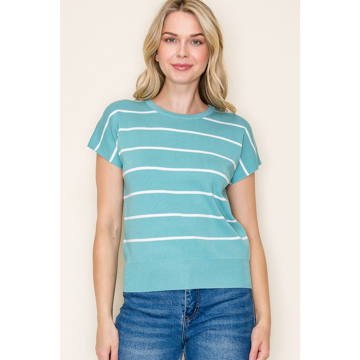 Short Sleeve Striped Crew Sweater