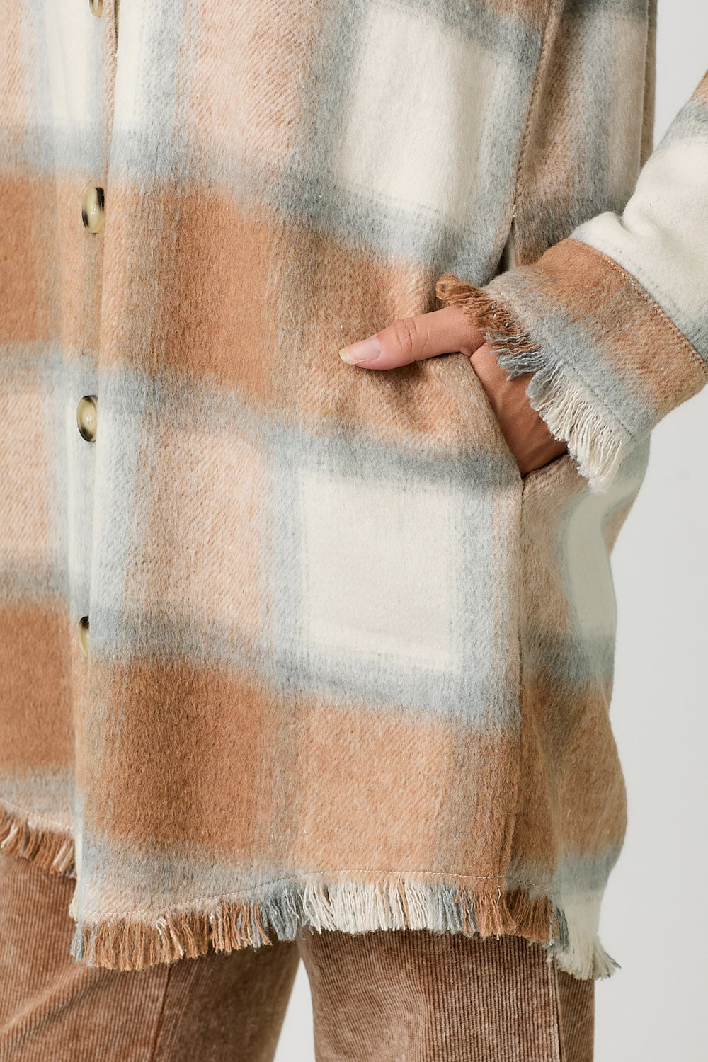 Fringe Detail Long Plaid Shacket