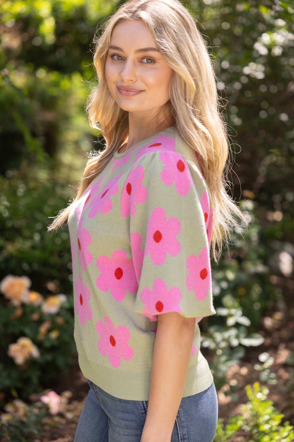 Sassy Floral Puff Sleeve Sweater
