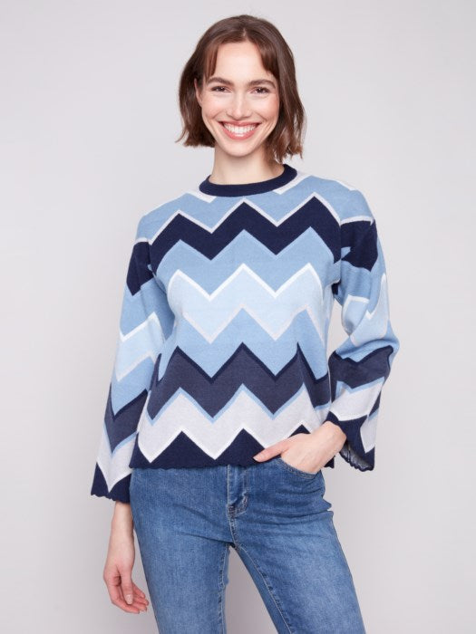 Charlie B Blue Striped Chevron Sweater