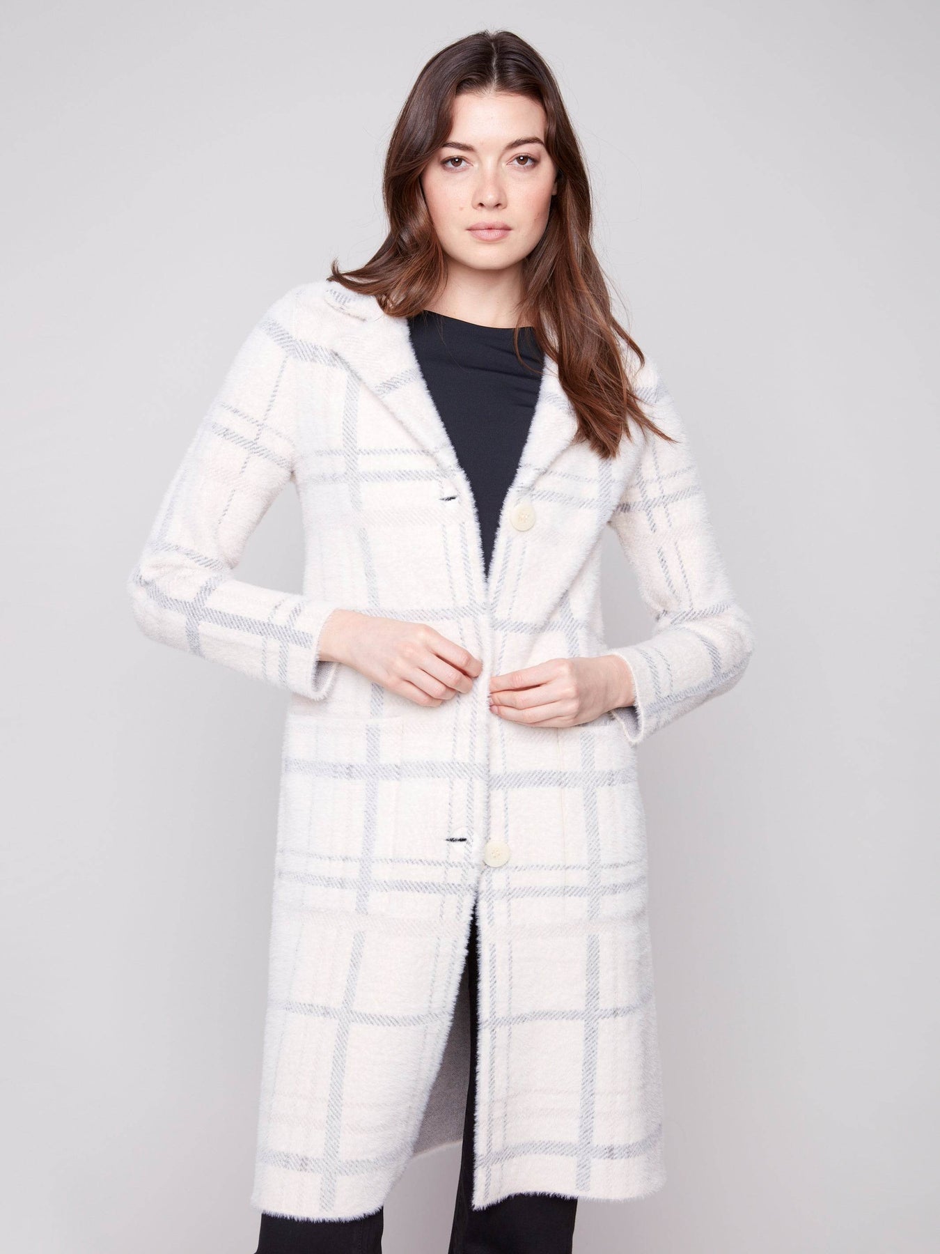 Ivory Plaid Knit Coatigan by Charlie B